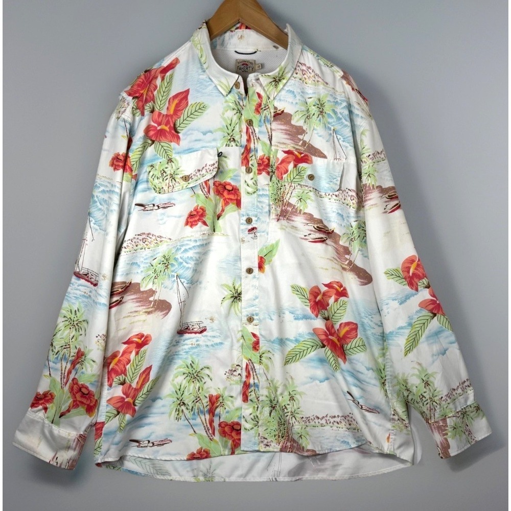 Faherty Hawaiian Camp Shirt Mens XL White Tropical Floral Long Sleeve Button Up